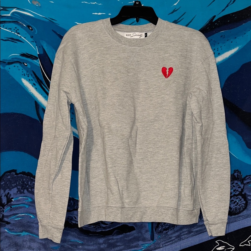 Riot Society Gray Sweatshirt with Red Broken Heart